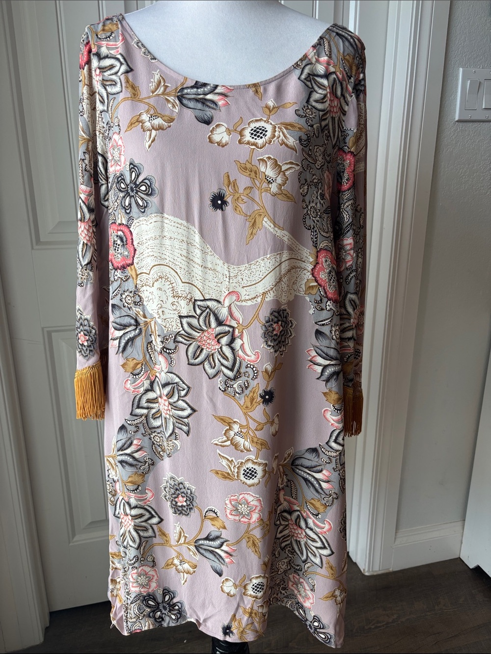 Uncle Frank Dusty Pink Floral Long-Sleeve Shift Dress with Tassel Cuffs